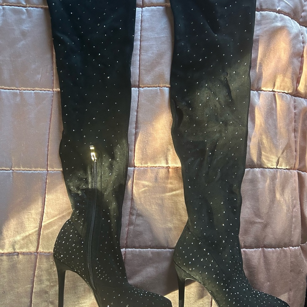 Lulus Glamur Size 7.5 Black Rhinestone Over the Knee Boots NYE Night Out